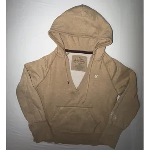 American Eagle V Neck Hoodie Large Tan Heathered Fleece Pullover Boho Y2K Coasta thumbnail 2