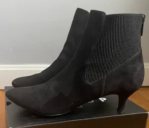 Emilia Booties Pointed Toe‎ Kitten Heel Black Minimalist Neutral Vegan Suede Zip thumbnail 1