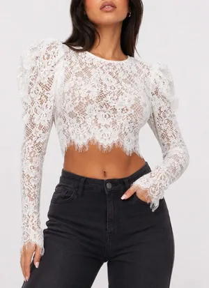 NEW Naked Wardrobe The Statement Lace Blouse Long Puff Sleeve Ivory Romantic S thumbnail 1