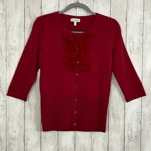 Fashion Bug Red 3/4 Sleeve Button Ruffle Accent Knit Pullover Sweater Small thumbnail 1