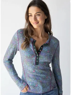 Natural Life Womens Floral Reagan Thermal Long Sleeve Henley Top Size S Layering thumbnail 1