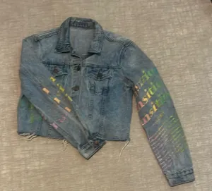 Blue and Pink Cropped Jean Jacket with Decorative Sleeves thumbnail 1