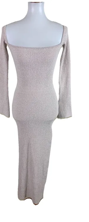 Oh Polly Beige Rib‎ Knit Square Neck Bodycon Maxi Dress L thumbnail 1