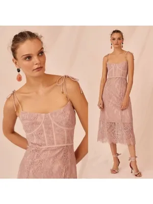 Keepsake The Label Sense Lace Midi Dress 10 Pink Sheer Sweetheart Tie Sleeve thumbnail 2