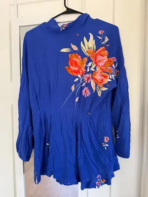 Free People Gemma Blue Floral Long Sleeve Tunic Minidress Open Back Size Medium thumbnail 1