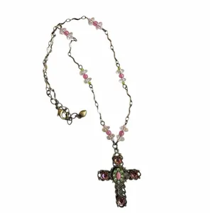 Vintage Victorian Revival Jeweled Cross Necklace Pink Green Rhinestones Beaded G thumbnail 5