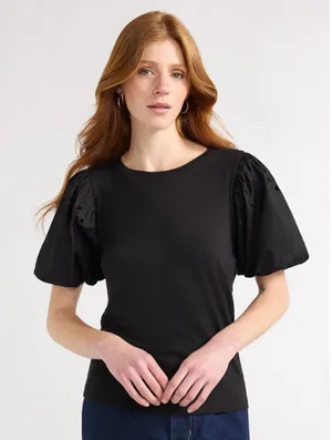 Free Assembly Womens T-Shirt Size L Black Embroidered Balloon Sleeves Elegant thumbnail 1