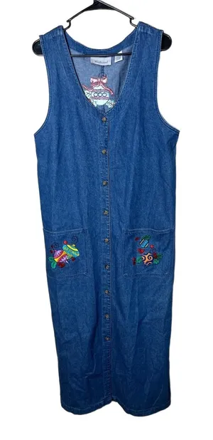 Westbound‎ Vintage Christmas Denim Maxi Dress Button Front Embroidered L thumbnail 1