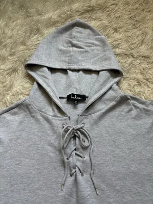 Lulu's Light Gray Lace-Up V-Neck Hoodie Sweater Size XS thumbnail 10