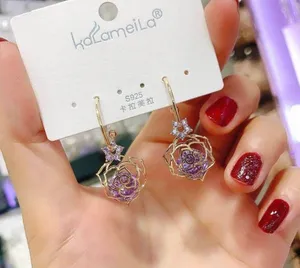 Women's Rose Flower Purple Crystal Dangle Drop Earrings Gold thumbnail 1