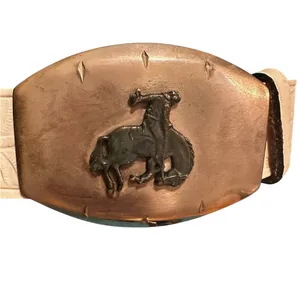 Genuine Leather White Embossed Belt Sz 26 Cowboy Bucking Bronco Buckle Vintage thumbnail 3