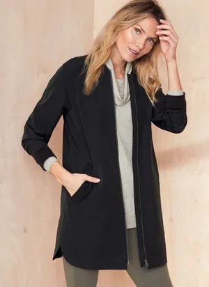 Garnet Hill‎ Size XS Black Longline Bomber Full Zip Jacket Water-Resistant Coat thumbnail 1