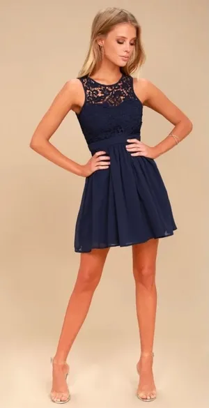 Lulus Romantic Tale Navy Blue Crochet Lace Open‎ Back Mini Skater Dress Size M thumbnail 1