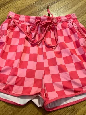 Women's Pink Checkerboard Drawstring Athletic Shorts thumbnail 2