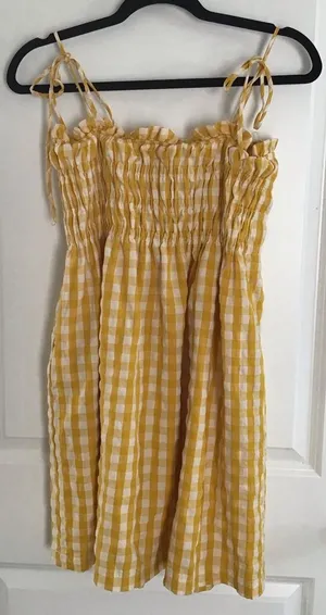 & Merci Womens Yellow White Gingham Tie Straps Mini‎ Dress Sz S Boho Cottagecore thumbnail 1