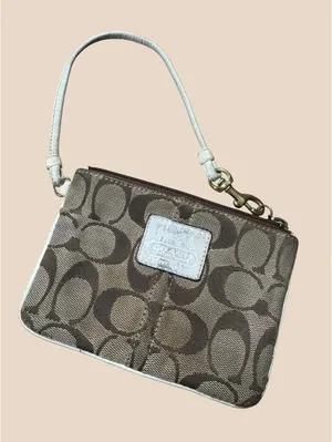 Coach Signature “C” Wristlet Pouch Brown Tan Plaid Interior thumbnail 1