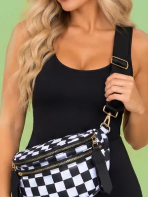 Black & White Checkered Sling Crossbody Bag – Adjustable Strap Gold Hardware thumbnail 3