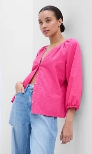 Gap‎ Pink Splitneck Button Front Blouse Puff Sleeve V-Neck Peasant Top Medium thumbnail 1