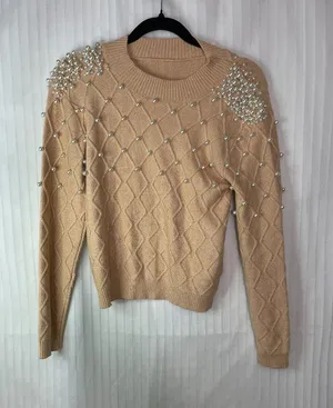 Women's Pearl Embellished Knit Sweater Beige Mock Neck Long Sleeve S/M thumbnail 1