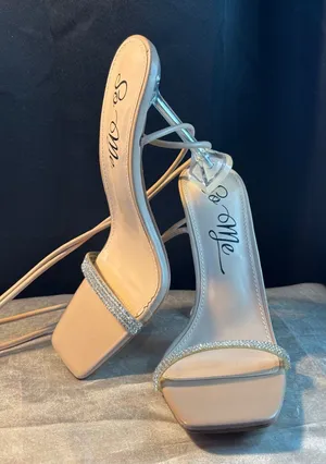 So Me Nude Lace Up Rhinestone Square Toe Clear Flared Stiletto Heels Size 7 thumbnail 1