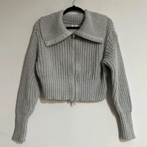 Aerie Double Zip Knit Foldover Grey Cardigan Sweater Size Medium Rugby Cozy thumbnail 1