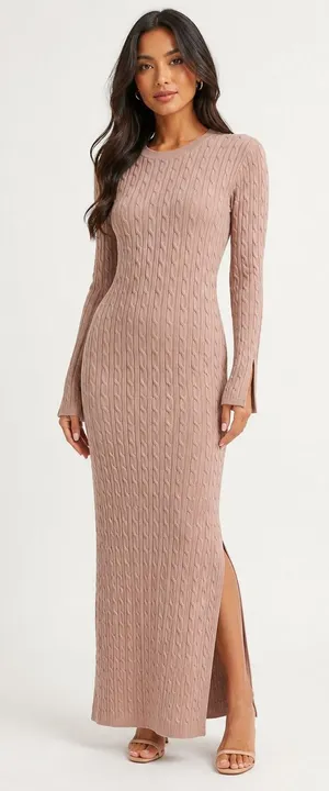 4th & Reckless NWOT 49Y Mocha Tan Cable Knit‎ Maxi Dress Long Sleeve Side Slit M thumbnail 1