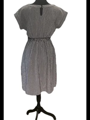 Monteau Blue White Striped Belted Round Neck Short Sleeve Knee Length Dress S thumbnail 3