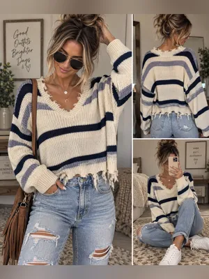 Rue21 Large Distressed Striped Oversized Cropped Knit Sweater thumbnail 2