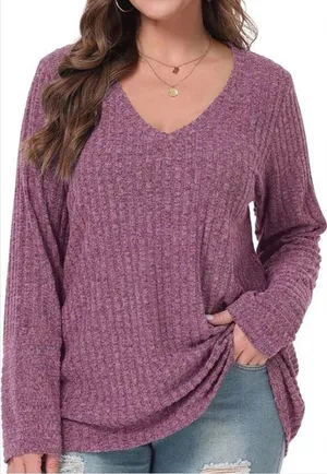 Belaroi plus size, ribbed V-neck, long-sleeve top in a mauve or purple-ish color thumbnail 1