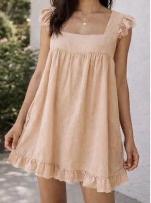 Aerie Linen Blend Flutter Sleeve Babydoll Mini Dress M Boho Cottagecore Peach thumbnail 1