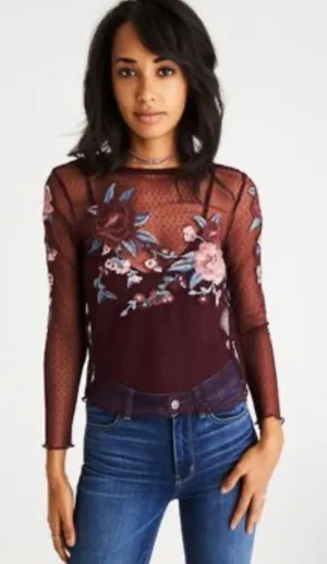 American Eagle Floral Mesh Top‎ Sheer Embroidered Long Sleeve S Whimsigoth thumbnail 1
