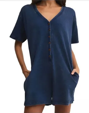 Z Supply Enid Romper Indigo Knit Denim Button Front V Neck Pockets S Minimalist thumbnail 1