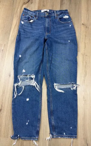 Abercrombie & Fitch Curve Love High Rise Mom Jeans Blue Distressed Women 6R 28‎ thumbnail 1