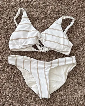 Revolve PQ swim bikini set white with gold stripes thumbnail 1