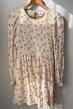 American Eagle Ivory Long Sleeve Smocked Floral Babydoll Dress thumbnail 1