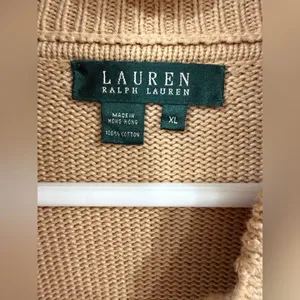 Lauren Ralph Lauren Tan Button-Up Leather Trim Military Cardigan Sweater XL EUC thumbnail 4
