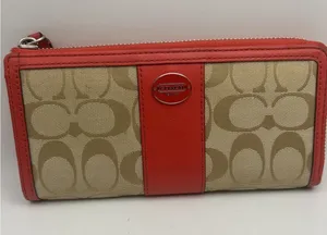Coach Women's Beige/Orange Logo Zip-Around Wallet w/ Credit Card Slots thumbnail 1