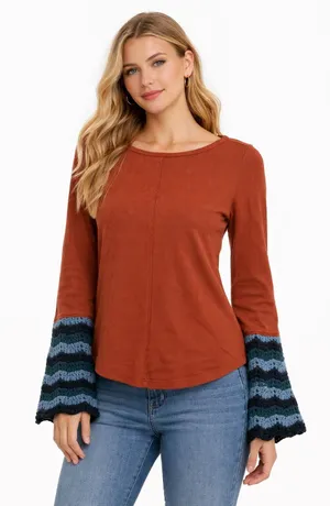 Pilcro Rust Orange Waffle Knit Crochet Bell Sleeve Top Womens Medium‎ M P-13 thumbnail 1