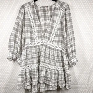 Free People White Grey‎ Plaid Time Out Eyelet Tiered Tunic Top thumbnail 2