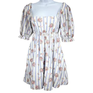 Show Me Your Mumu Mini Dress Womens XS Striped Floral Puff Sleeve Linen‎ Pockets thumbnail 3