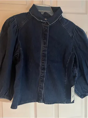 Oat New York Dark Blue Denim Puff-Sleeve Jacket, Size-Small thumbnail 1