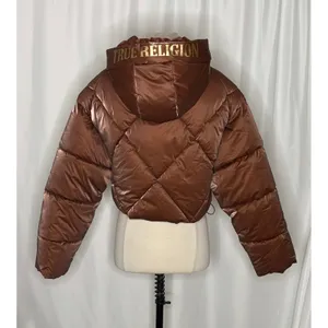 NWT!! TRUE RELIGION High-Shine Metallic Hooded Puffer Jacket Bronze Large thumbnail 11
