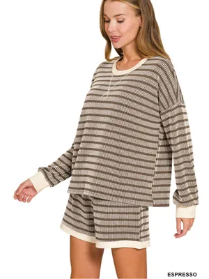Raised Rib Striped Shorts Set - Espresso Brown thumbnail 2