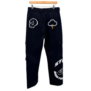 Y2K Graphic Cargo Pants Black Anime Skull Streetwear Alt Utility Rave Stitch L thumbnail 2