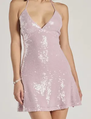 BRAND NEW Windsor Sparkling Sequin Halter Mini Dress in Light Pink thumbnail 1