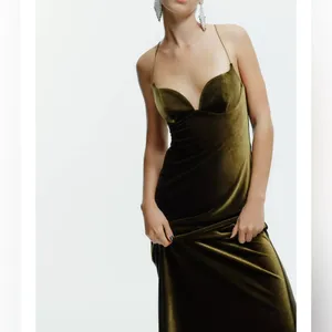 Zara‎ velvet STRAPPY bottle green maxi dress thumbnail 2