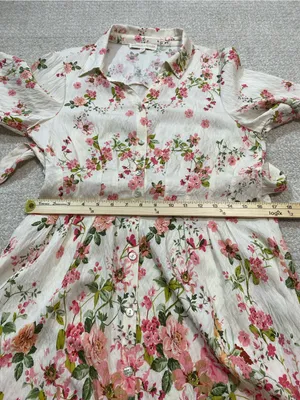 Floral Button-Front Midi Dress in Cream and Pink Size M thumbnail 13