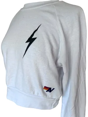 Aviator Nation White Cropped Sweatshirt Small Lightning Bolt Raglan Pullover USA thumbnail 3