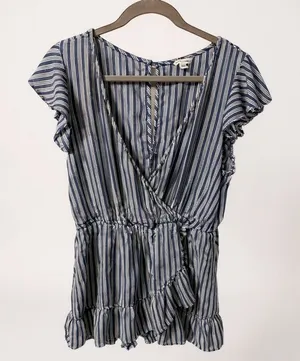 American Eagle Mini Dress Striped Blue White Ruffle Flutter Sleeve Large Coastal thumbnail 1