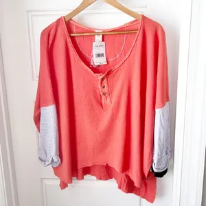 NWT Free People We The Free Star Henley Top Long Sleeve Orange Women's Small thumbnail 2